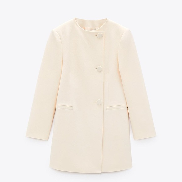 ZARA Ivory Cream Double-Breasted Button Down Round Neck Frock Coat - Picture 2 of 7